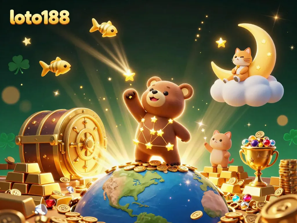 Experience thrilling gaming adventures at loto188 with a constellation bear scooping coins amidst dazzling treasures.