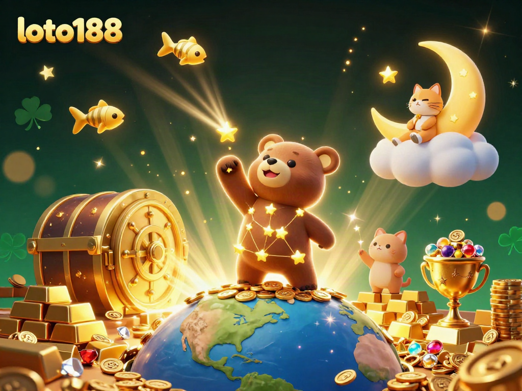 Experience thrilling gaming adventures at loto188 with a constellation bear scooping coins amidst dazzling treasures.