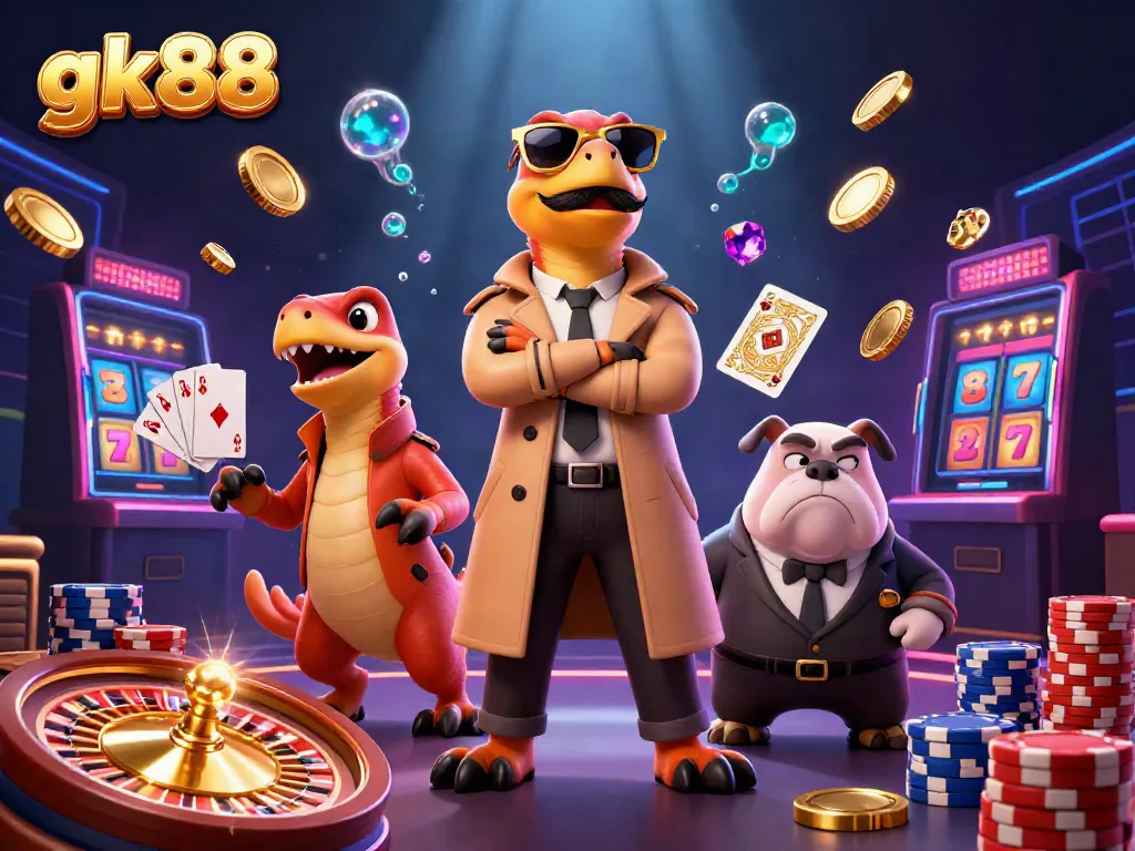 Engage with gk88, a dynamic VIP casino scene featuring raptors in disguise, coins flying, and a bouncer.