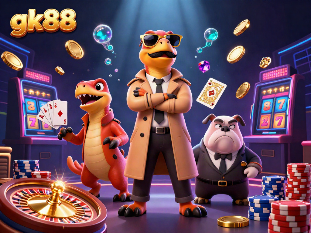 Engage with gk88, a dynamic VIP casino scene featuring raptors in disguise, coins flying, and a bouncer.
