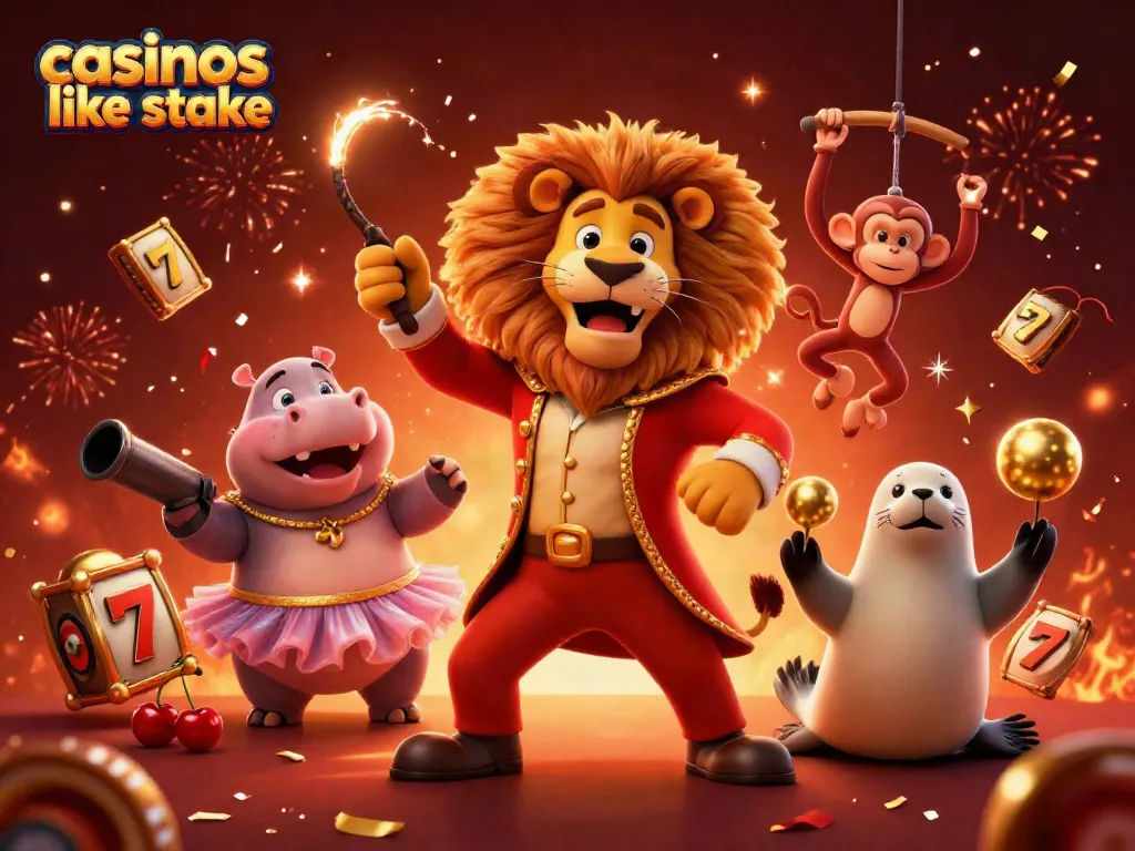 Experience excitement at casinos like Stake with a vibrant 3D circus showdown featuring games and fun.