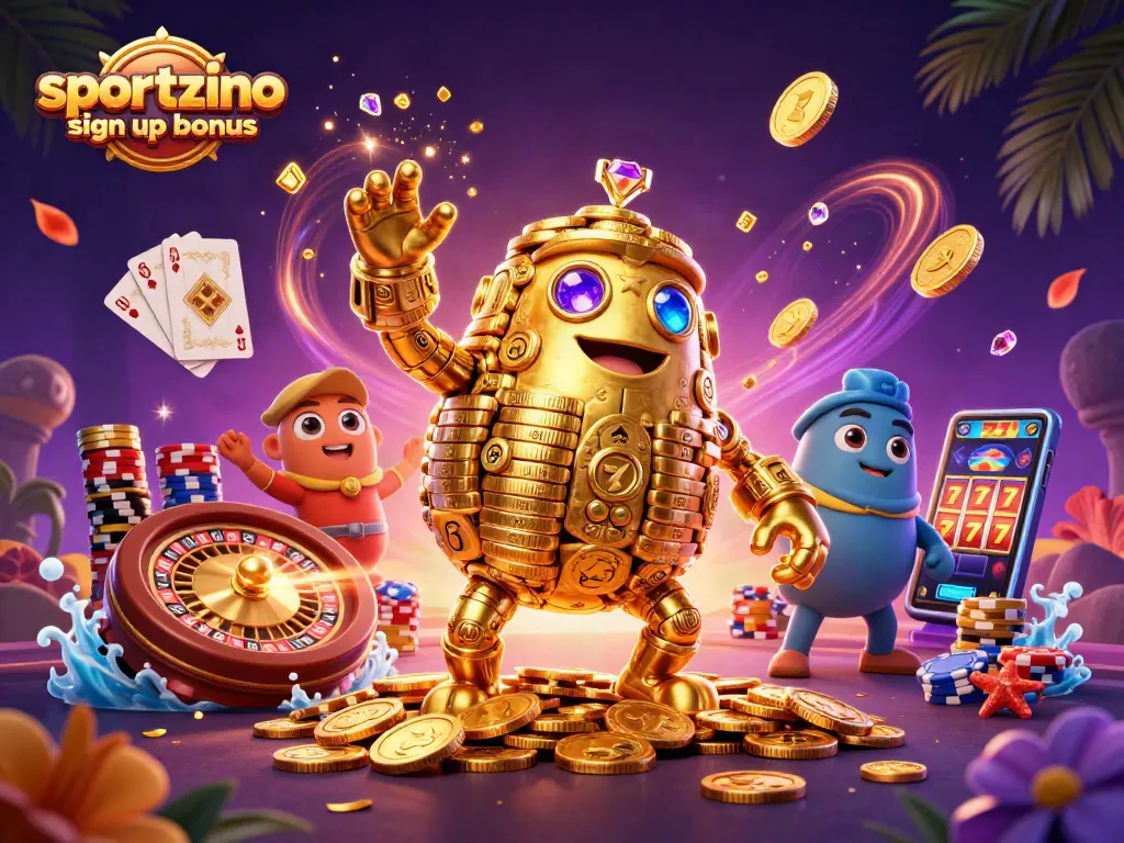 Play with the Sportzino sign up bonus featuring a lively 3D gold golem amidst casino elements.