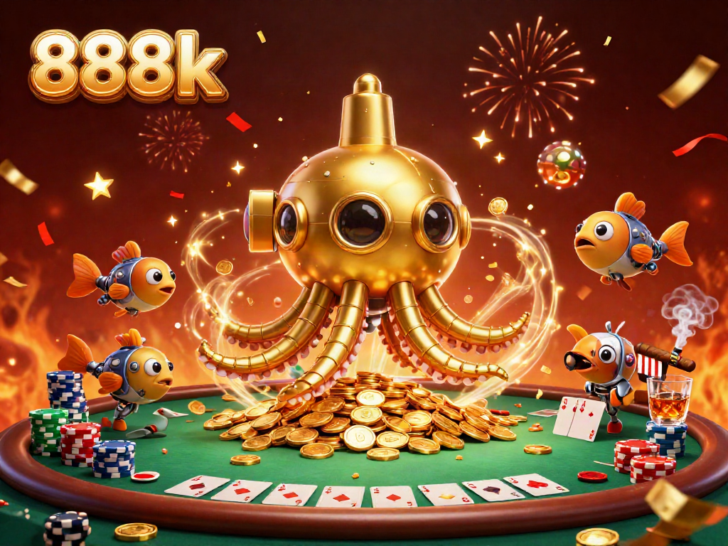 Experience the thrill of 888k with a golden kraken submarine in a vibrant casino scene.