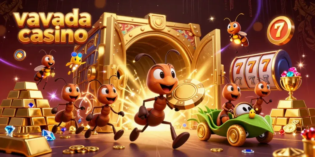 Join the vivid heist scene in Vavada Casino with playful ants and sparkling treasure.