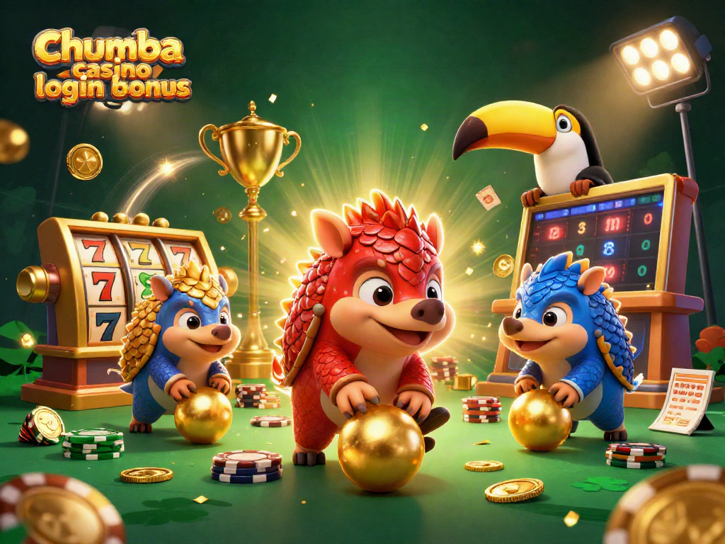 Claim your chumba casino login bonus with vibrant 3D characters bowling through slot elements and poker chips.
