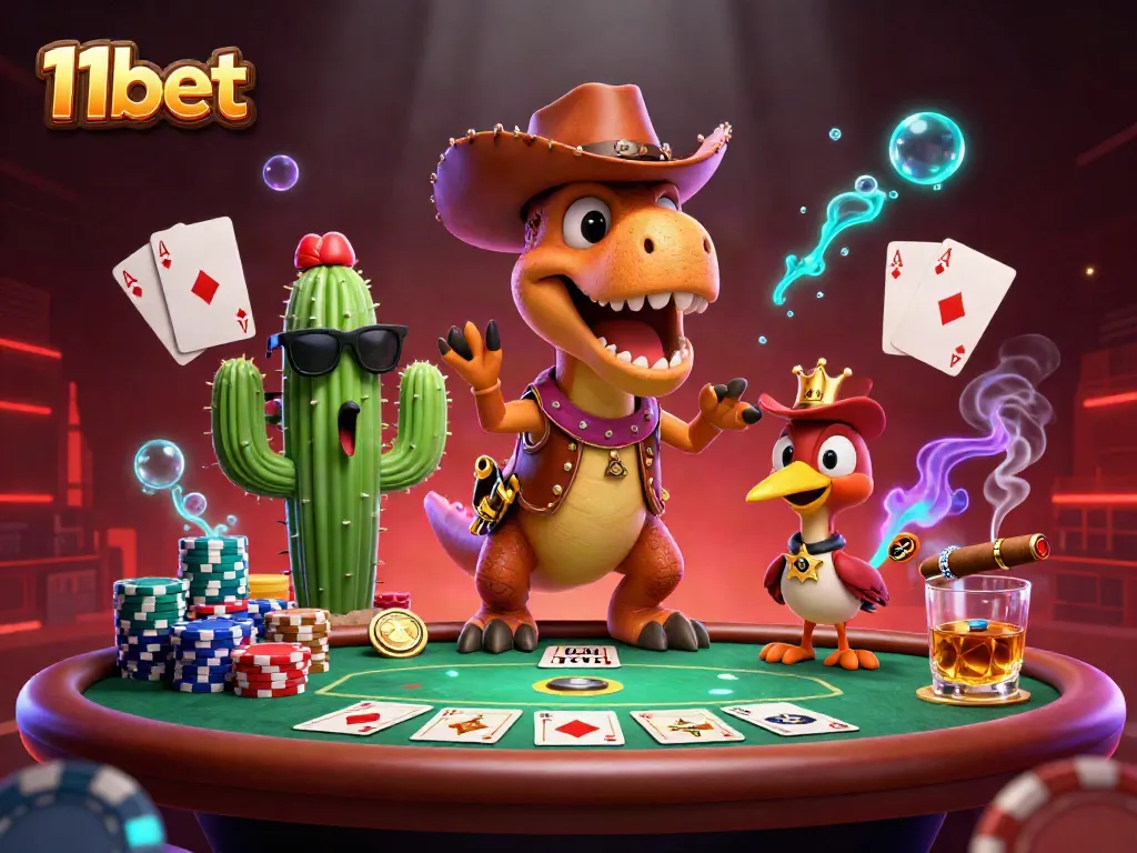 Play poker with 11bet's vibrant illustration showcasing a T-Rex cowboy and friends.