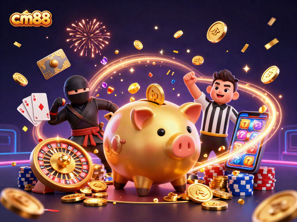 cm88 showcases thrilling action with golden coins flying as a sumo wrestler stomps in a vibrant casino scene.