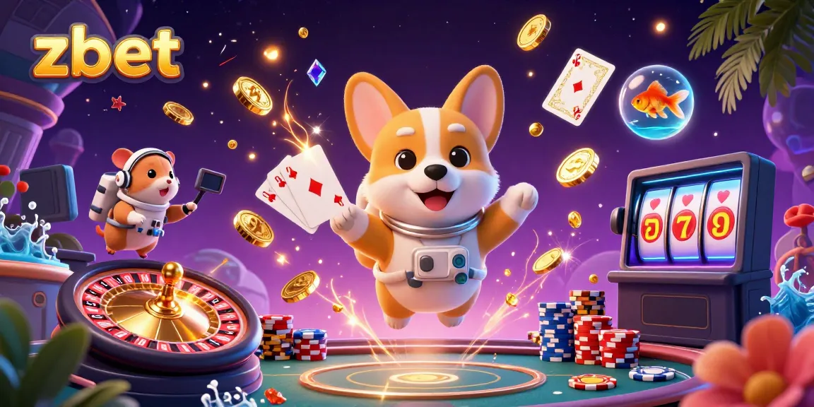 Experience the thrill of zbet with a space-themed casino scene, featuring a floating corgi, hamster, and goldfish.