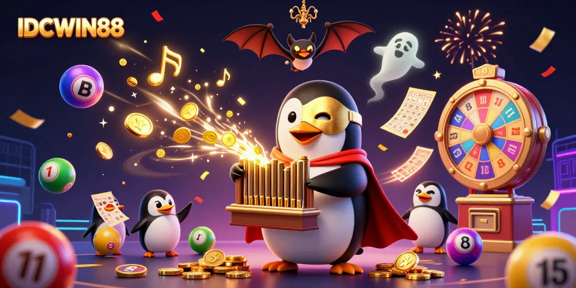 Experience exhilarating gameplay with IDCWIN88 featuring a cartoon penguin playing a golden-pipe organ amidst a festive casino scene.