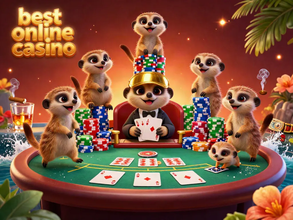 Experience the thrill at the best online casino with animated meerkats running a vibrant poker scene.