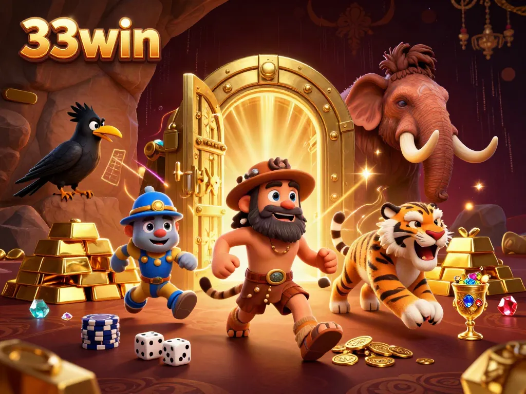 Engage in thrilling gameplay with 33win at this vibrant prehistoric casino scene.